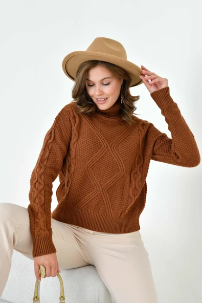 FTZ Women Kadın Pirinç Örgü Kazak  Bakır 20909 - Resim 4