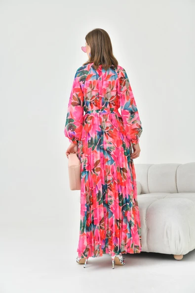 FTZ Women Kadın Şifon Elbise  Fuşya 30871 - Resim 4