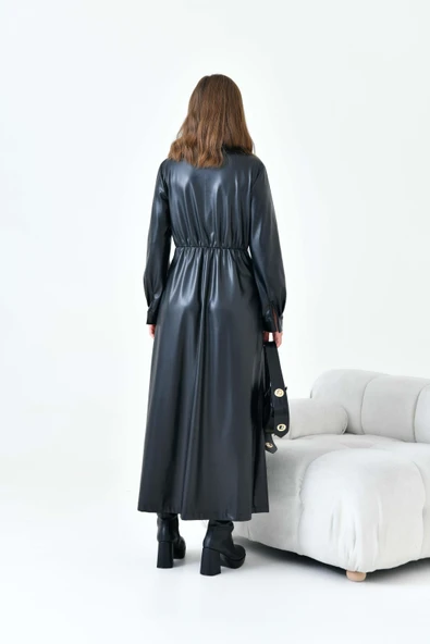 FTZ Women Kadın Deri Elbise  Siyah 30930 - Resim 7