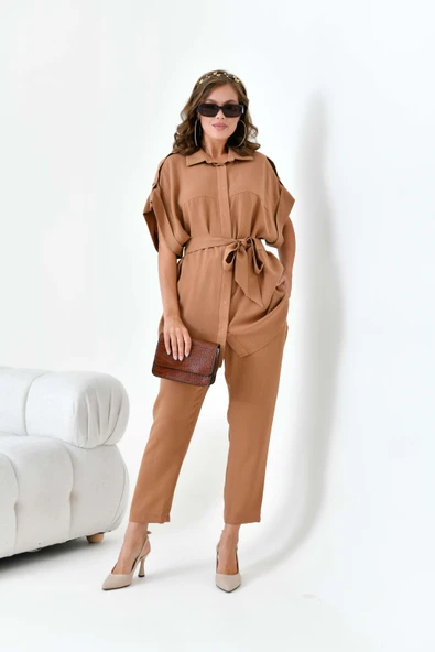 FTZ Women Kadın Keten Takım  Taba 30872 - Resim 6