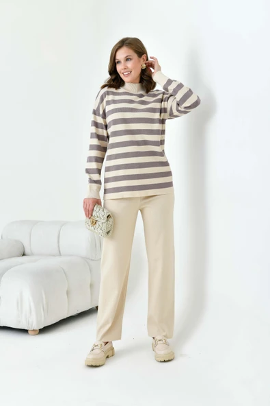 FTZ Women Kadın Çizgili İkili Takım  Bej 20796 - Resim 3