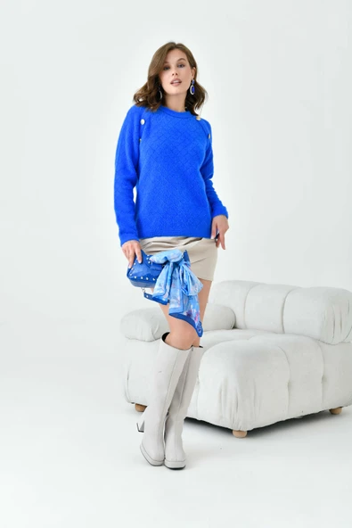 FTZ Women Kadın Gold Düğme Detaylı Bluz  Saks Mavi 20699 - Resim 2