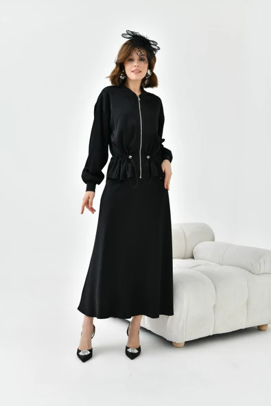 FTZ Women Kadın Büzgülü Ceketli Etekli Takım  Siyah 30725 - Resim 4