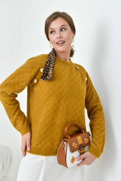 FTZ Women Kadın Gold Düğme Detaylı Bluz  Hardal 20699 - Resim 3