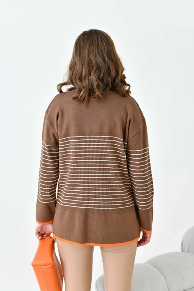 FTZ Women Kadın Çizgili Kazak  Kahve 20841 - Resim 7