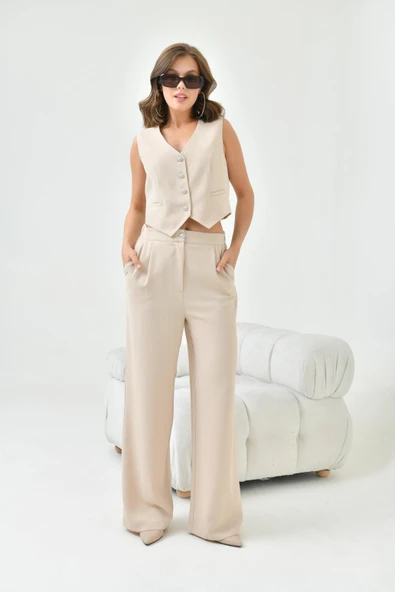 FTZ Women Kadın Simli Crep Yelekli Takım  Taş 30851 ürün görseli