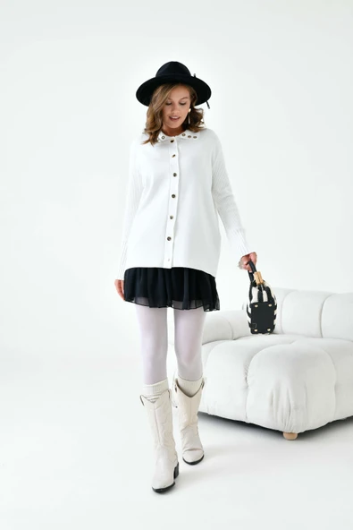 FTZ Women Kadın Kuş Gözü Detaylı Triko Gömlek  Ekru 20820 - Resim 3