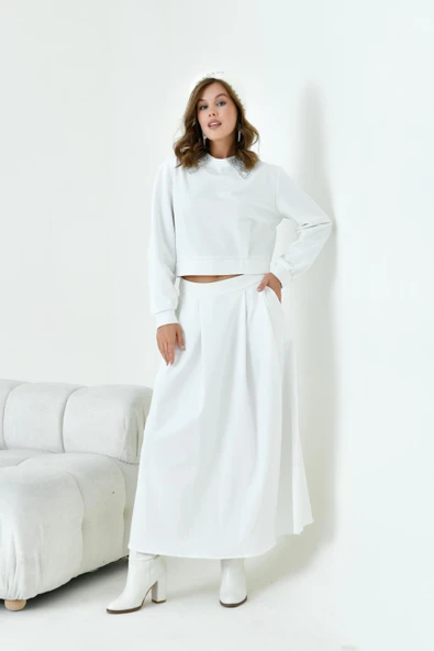 FTZ Women Kadın Bebe Yaka Etekli İki İp Takım  Ekru 30967 - Resim 3