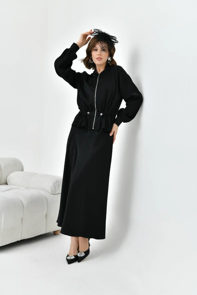 FTZ Women Kadın Büzgülü Ceketli Etekli Takım  Siyah 30725 - Resim 6