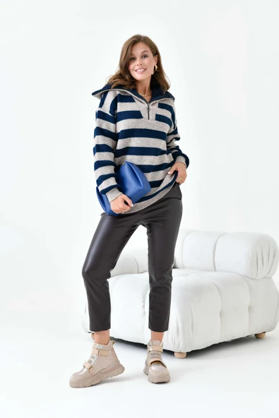 FTZ Women Kadın Çizgi Detaylı Kazak  Taş 20726 - Resim 3