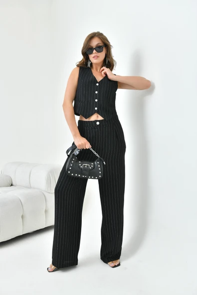 FTZ Women Kadın Simli Crep Yelekli Takım  Siyah 30851 - Resim 3