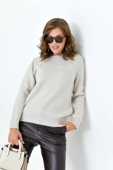 FTZ Women Kadın Boncuk İşlemeli Kazak  Taş 20741 ürün görseli 1