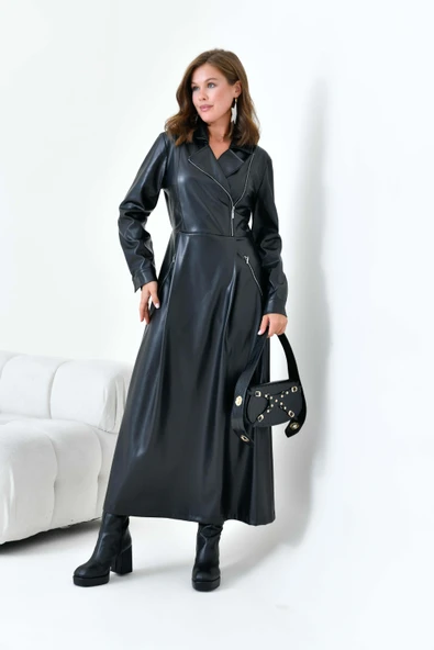 FTZ Women Kadın Deri Elbise  Siyah 30930 - Resim 4