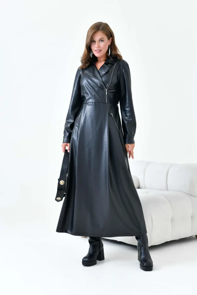 FTZ Women Kadın Deri Elbise  Siyah 30930 - Resim 6