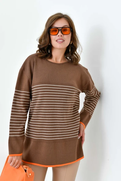 FTZ Women Kadın Çizgili Kazak  Kahve 20841 - Resim 3