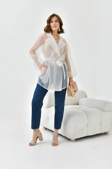 FTZ Women Kadın Desenli Şifon Kap  Beige 30737 - Resim 6