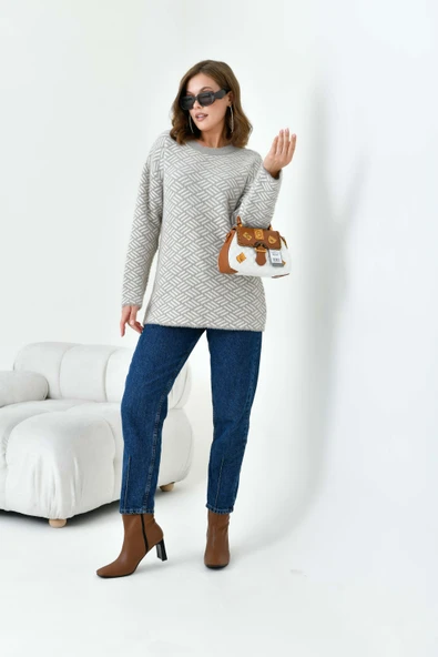 FTZ Women Kadın Çizgi Detaylı Kazak  Bej 20744 - Resim 5