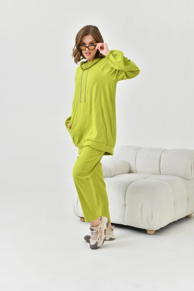 FTZ Women Kadın Kapişonlu Taş Detay Takım  Olive 30825 - Resim 2