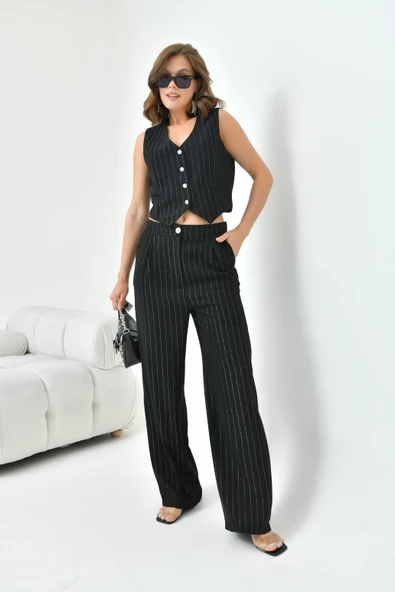 FTZ Women Kadın Simli Crep Yelekli Takım  Siyah 30851 - Resim 4