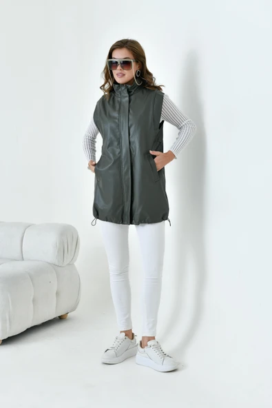 FTZ Women Kadın Deri Yelek  Haki 30926 - 4