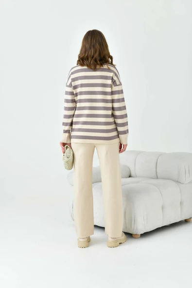 FTZ Women Kadın Çizgili İkili Takım  Bej 20796 - Resim 7