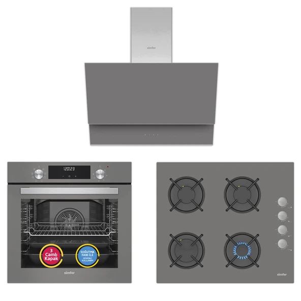 Simfer 9 Fonksiyon QS Dijital Gri 3'lü Ankastre Set ( Fırın +  Ocak +  Davlumbaz) ürün görseli 1