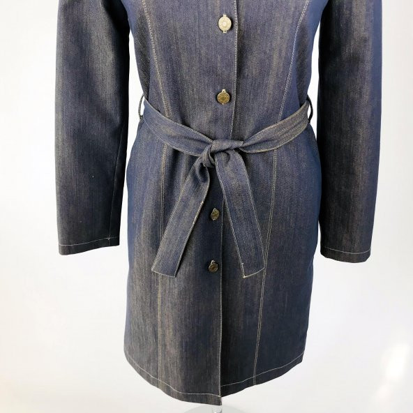 SNY Yuvarlak Yaka Kot Desenli Pamuklu Kapitone Kaplama Metal Düğmeli Uzun Kadın Palto - 3