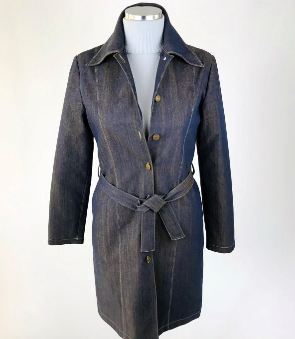 SNY Yuvarlak Yaka Kot Desenli Pamuklu Kapitone Kaplama Metal Düğmeli Uzun Kadın Palto - 4