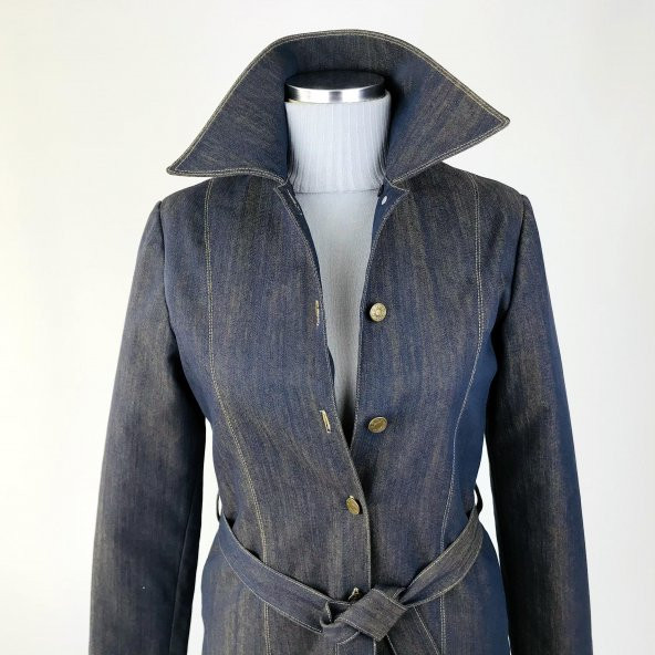 SNY Yuvarlak Yaka Kot Desenli Pamuklu Kapitone Kaplama Metal Düğmeli Uzun Kadın Palto - 5