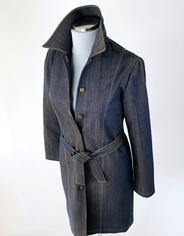 SNY Yuvarlak Yaka Kot Desenli Pamuklu Kapitone Kaplama Metal Düğmeli Uzun Kadın Palto - 6