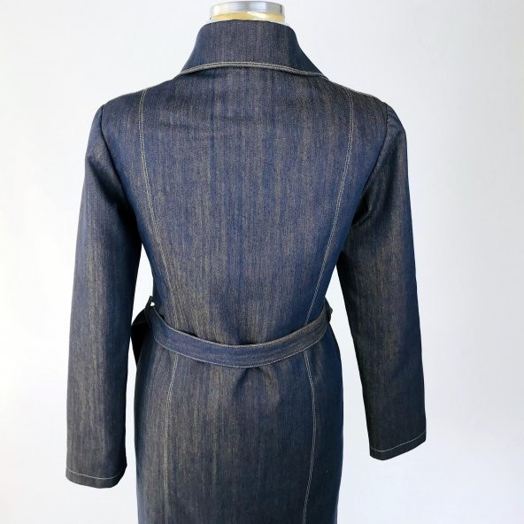 SNY Yuvarlak Yaka Kot Desenli Pamuklu Kapitone Kaplama Metal Düğmeli Uzun Kadın Palto - 8