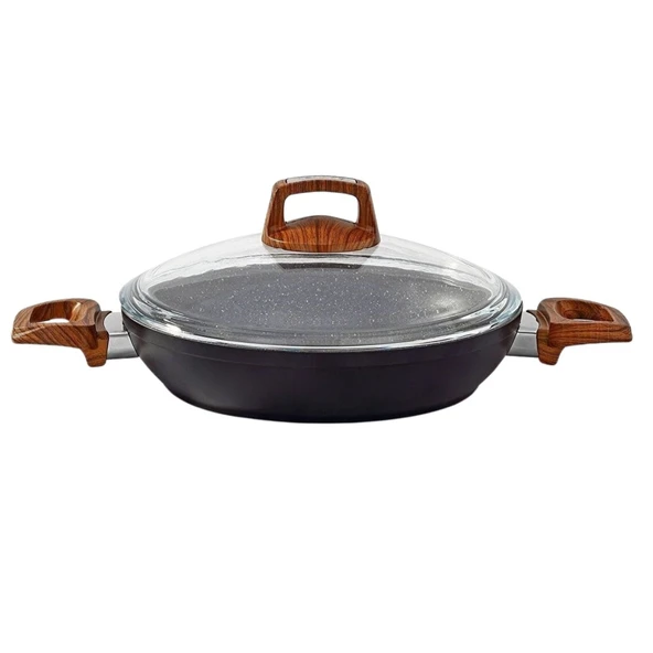 Bonera 22 Cm Ahşap Desenli Bakalit Kulplu Cam Kapaklı Vogue Granit Omlet Tava Grnt 1052 - 1