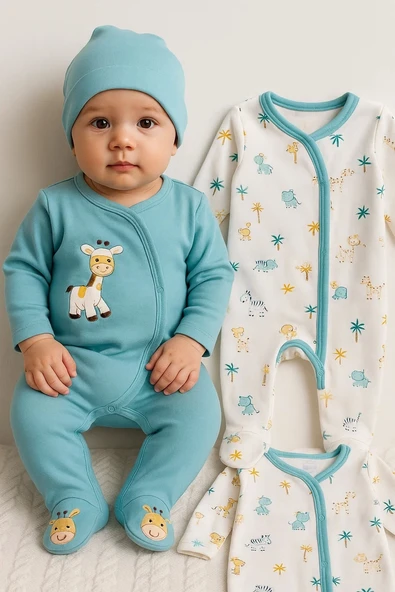 3-6 Ay Zürafa Nakışlı Erkek Bebek 4'lü Tulum Seti Yeşil
