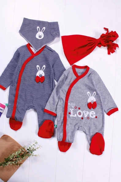 3-6 Ay Love Erkek Bebek 4'lü Tulum Seti Kırmızı - Resim 2