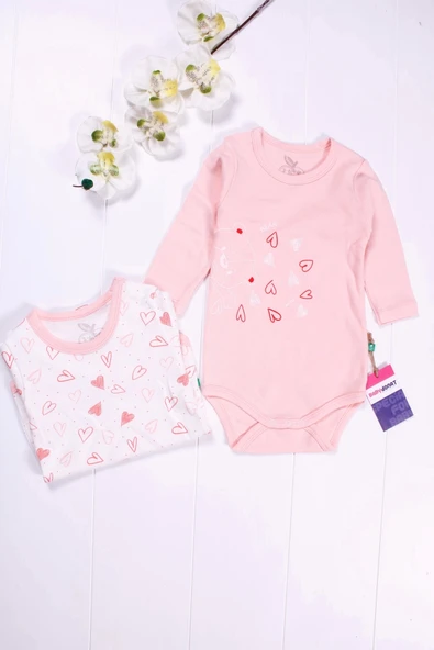 3-12 Ay Kalp Uzun Kol 2'li Kız Bebek Body Seti Somon - 2