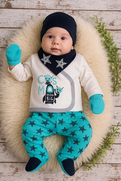 Yeni Doğan Yıldız Fularlı 5'li Erkek Bebek Hastane Çıkışı Yeşil - Resim 7