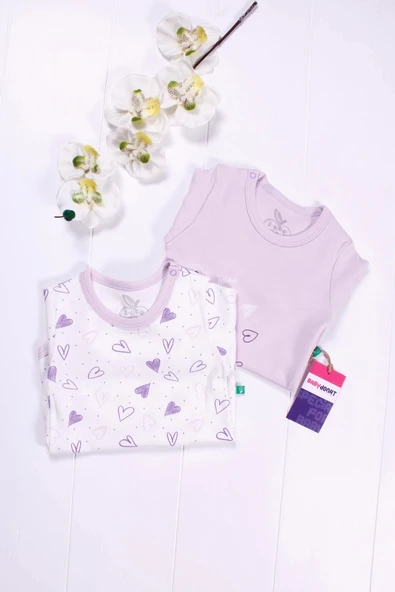 3-12 Ay Kalp Uzun Kol 2'li Kız Bebek Body Seti Lila - 2