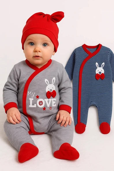 3-6 Ay Love Erkek Bebek 4'lü Tulum Seti Kırmızı ürün görseli