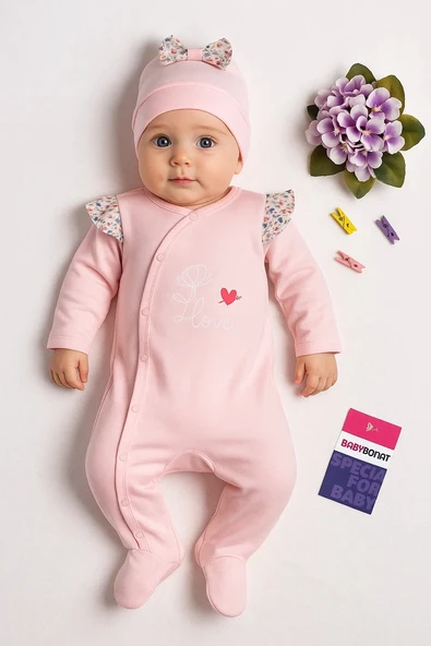 3-6 Ay Kız Bebek Tulumu Kelebek Omuz Detay Şapkalı Pembe