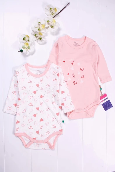 3-12 Ay Kalp Uzun Kol 2'li Kız Bebek Body Seti Somon - 5