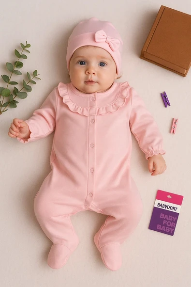 3-9 Ay Kız Bebek Tulum Robası Astarlı Fiyonk Şapkalı Açık Pembe