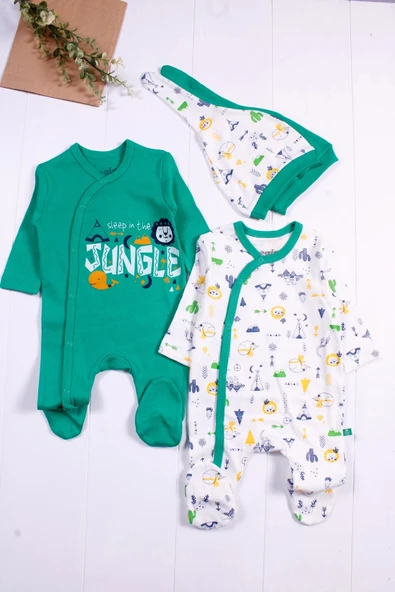 3-6 Ay Jungle Erkek Bebek 4'lü Tulum Seti Yeşil - Resim 2