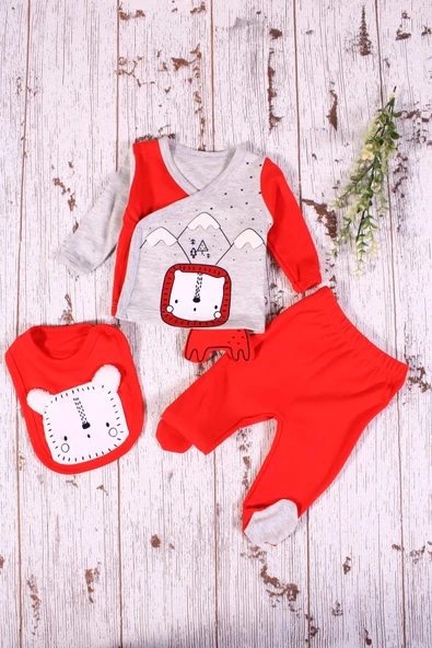 Yeni Doğan Aslan Figürlü 3'lü Erkek Bebek Hastane Çıkışı Kırmızı - Resim 7