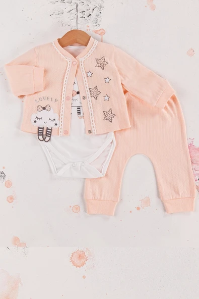 3-9 Ay Kız Bebek Takımı Lovely Yıldız 3'lü Hırkalı Somon - Resim 2