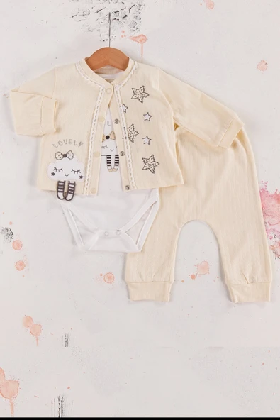 3-9 Ay Kız Bebek Takımı Lovely Yıldız 3'lü Hırkalı Krem