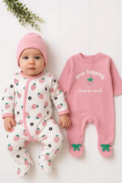 3-6 Ay Çilek Kız Bebek 4'lü Tulum Seti Pembe