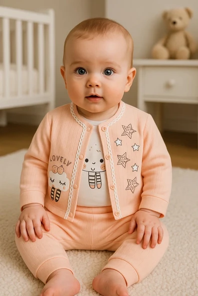 3-9 Ay Kız Bebek Takımı Lovely Yıldız 3'lü Hırkalı Somon ürün görseli 1