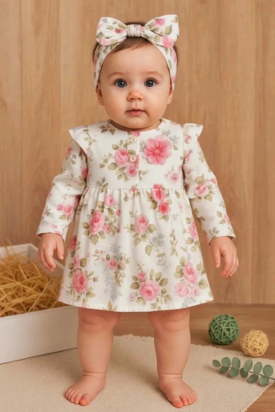 3-12 Ay Çiçek Fiyonk Bandanalı Kız Bebek Elbisesi Pembe - 2