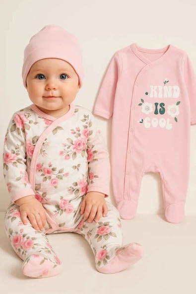 3-6 Ay Kind is Cool Nakışlı Kız Bebek 4'lü Tulum Seti Pembe - 4