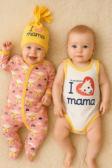 Yeni Doğan 3-6 Ay Kuzu Figürlü Şapkalı 3'lü Bebek Takımı Sarı